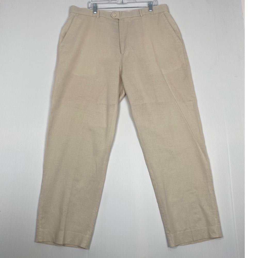 Stacy Adams 70% Linen 30% Cotton Tan Dress Pants Comfort Size 40 X32 Pockets Zip